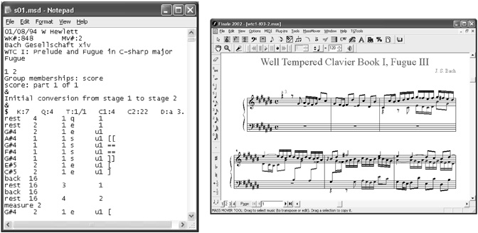 "Before" and "after" views of J.S. Bach example moving from MuseData to Finale via MusicXML 1.0