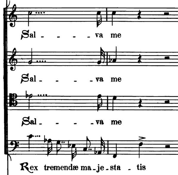 Example of 4 augmentation dots on a half note in Verdi Requiem