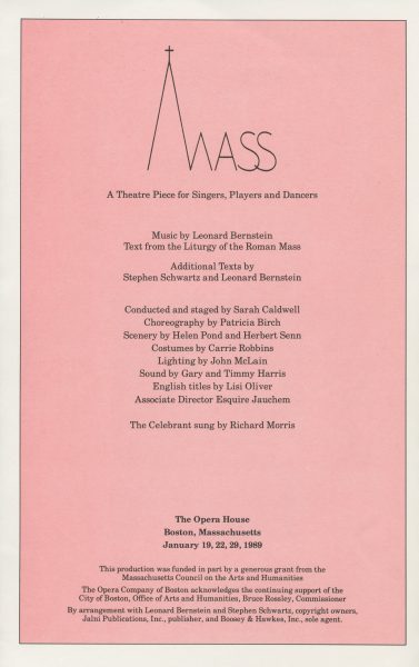Program for Mass at Opera Company of Boston performed in January 1989.