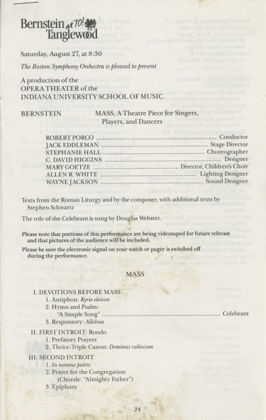 Program for Mass performed at Tanglewood on August 27, 1988