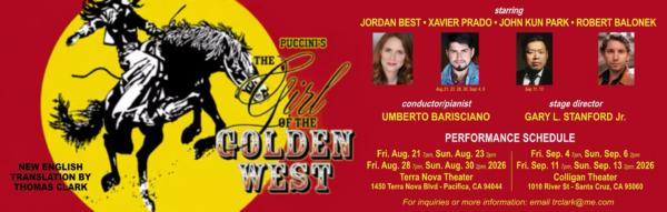 Poster for Puccini's The Girl of the Golden West. Nearly all text in the image is paraphrased in the text below.